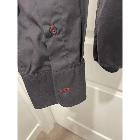 UNTUCKIT Shirt Men Black Button Up Dress Solid Casual Cotton Adult Red Accent L - Picture 4 of 5